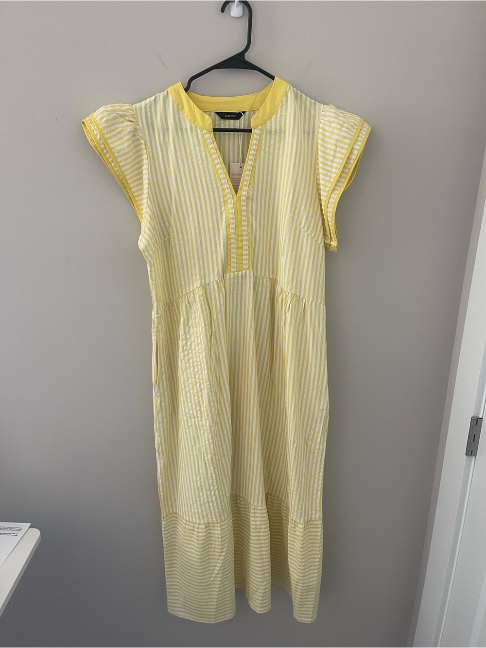 Yellow Striped Maxi Dress with V-Neck and Cap Sleeve